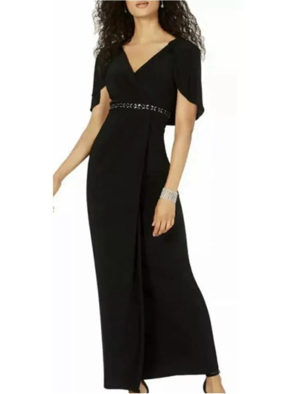 Adrianna Papell Black V-Neck Beaded Waist Maxi Dress